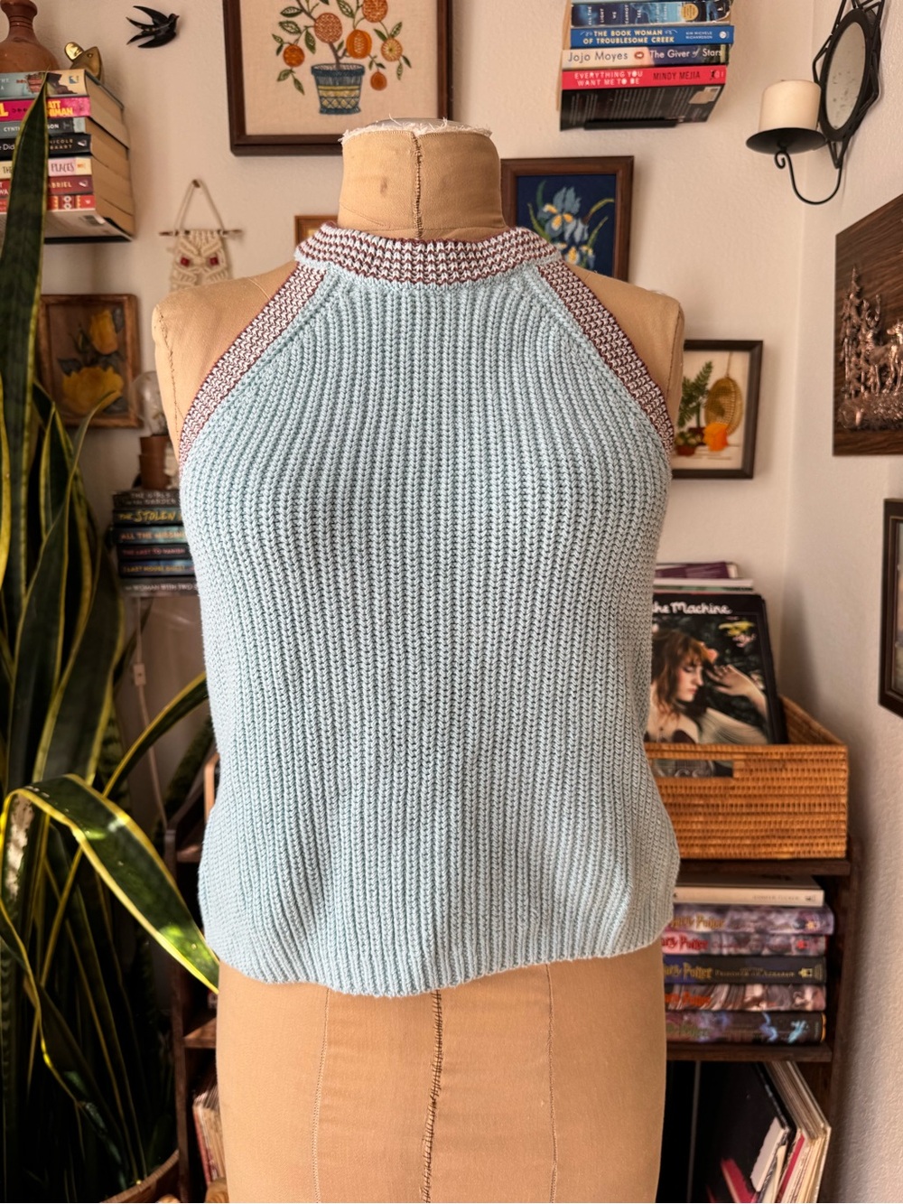 Madewell Ribbed Cutaway Sweater Tank Pale Blue w/ brown accents Women’s Large